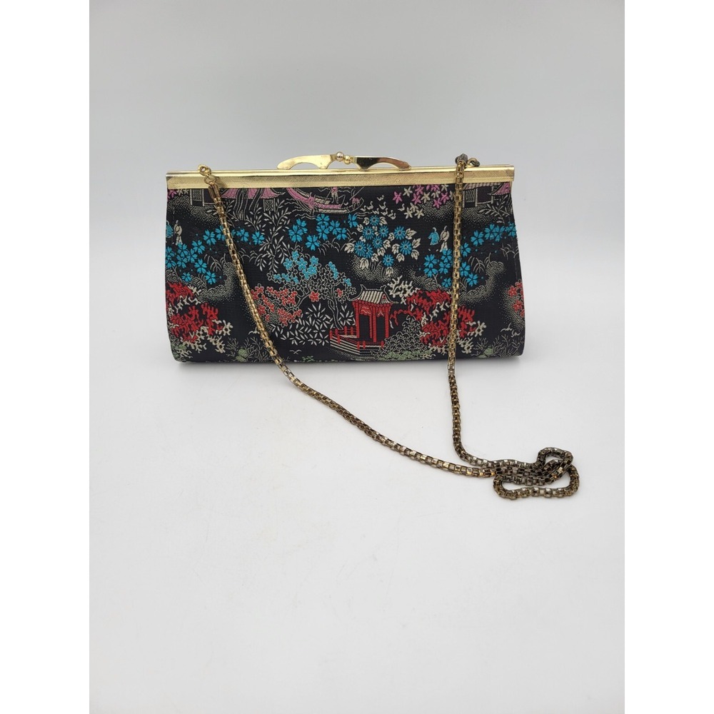 Small Black Satin Embroidered Asian Theme Clutch Purse Wallet Good tone Strap